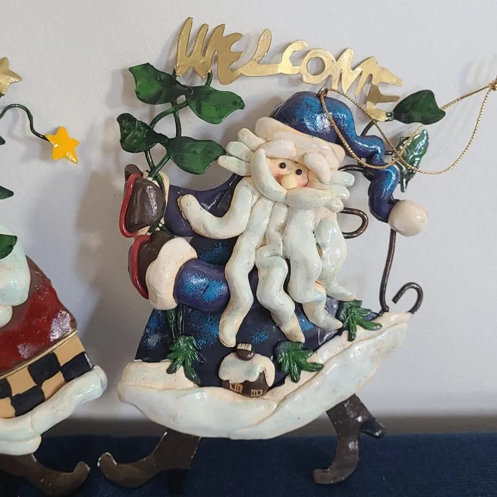 Large Metal & Clay Santa Claus & Snowman Winter Christmas Holiday Ornaments VTG